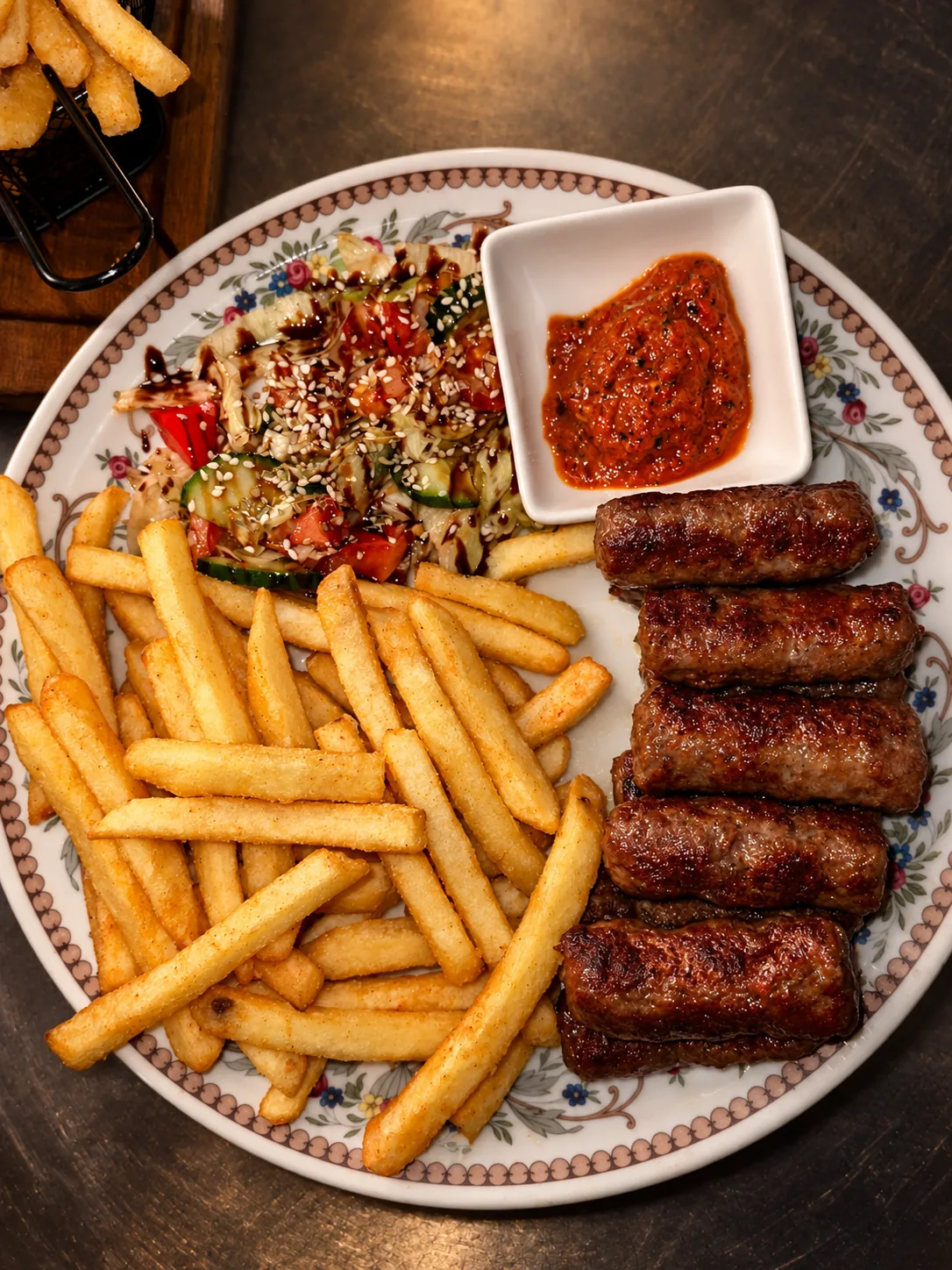 Cevapcici mit Pommes, Salat und Ajvar aus den Genuss Stuben