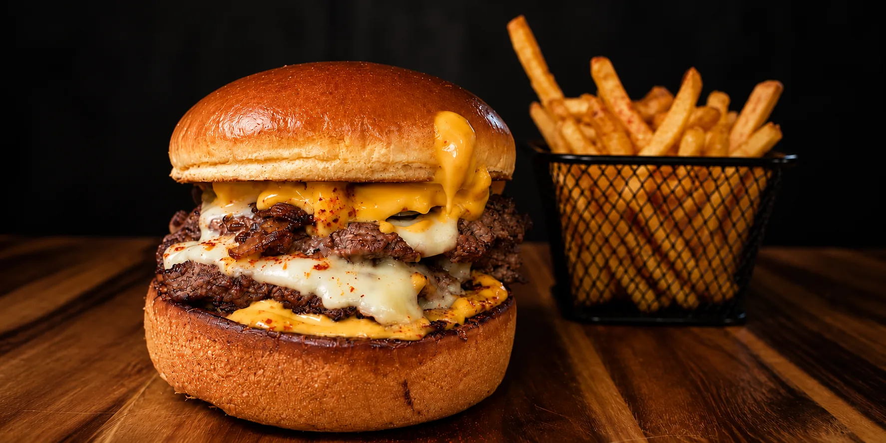 Burger mit geschmolzenem Käse und Pommes im Körbchen